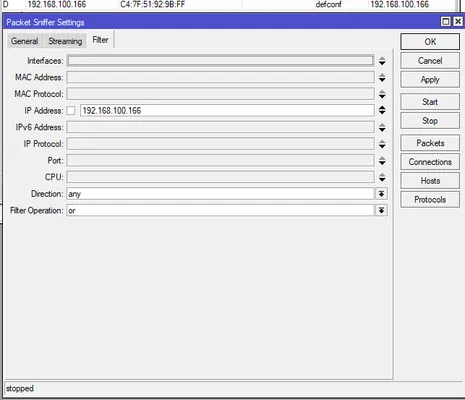 Capturing the TLS handshake via a MikroTik router’s packet sniffer. The router mirrored the board’s traffic and allowed us to record the TLS handshake packets for analysis.